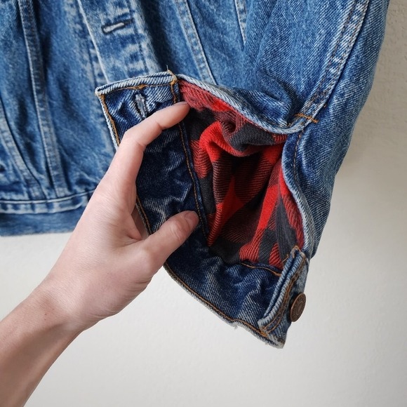 LEVIS VINTAGE 90s Buffalo‎ Plaid Lined Denim Trucker Jacket Size 38 - Picture 10 of 12